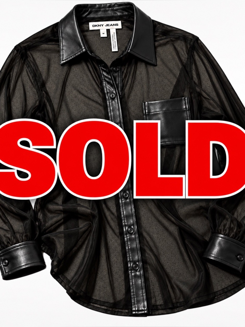 Sheer Black Button-Front Blouse with Faux Leather Trim